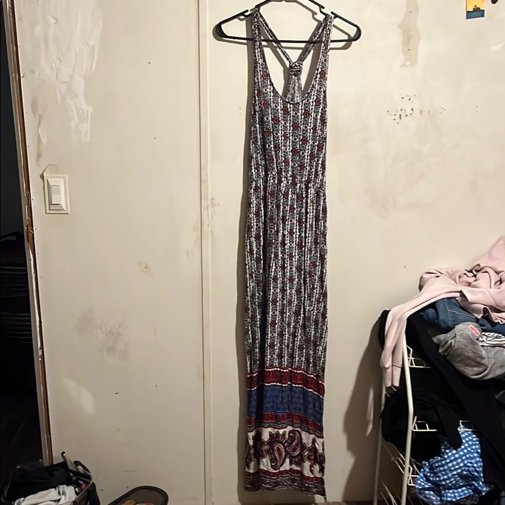 Bohemian Maxi Dress with Red and Blue Accents